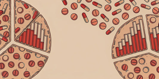 Pizza slices with pills and graphs showing the potential benefits of microdosing.