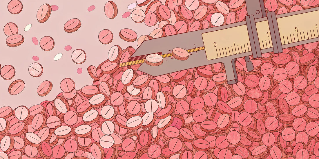 A caliper measures a tablet for a precise microdosing dosage.