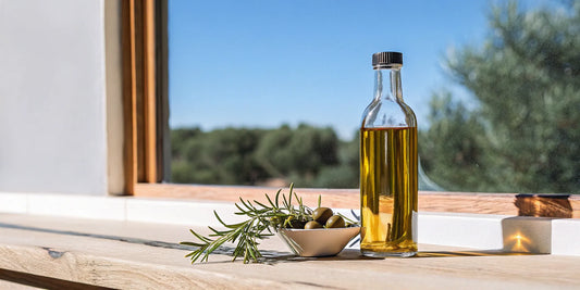 Organic delta 9 olive oil in a bottle with fresh olives and rosemary.