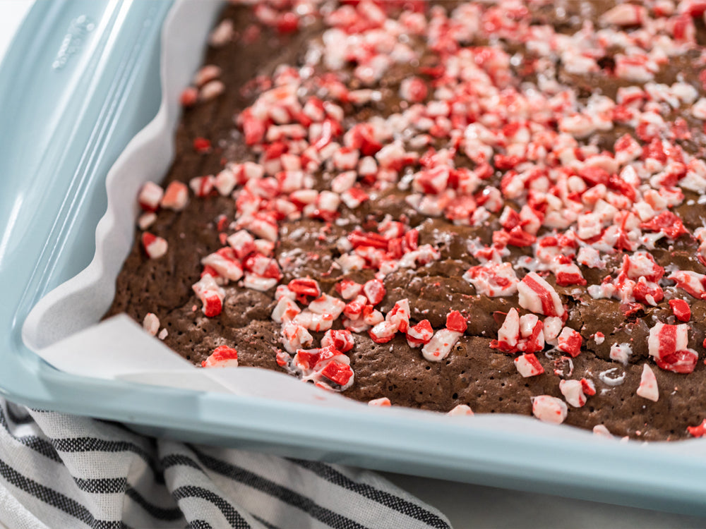 Peppermint brownies topped with crushed candy.