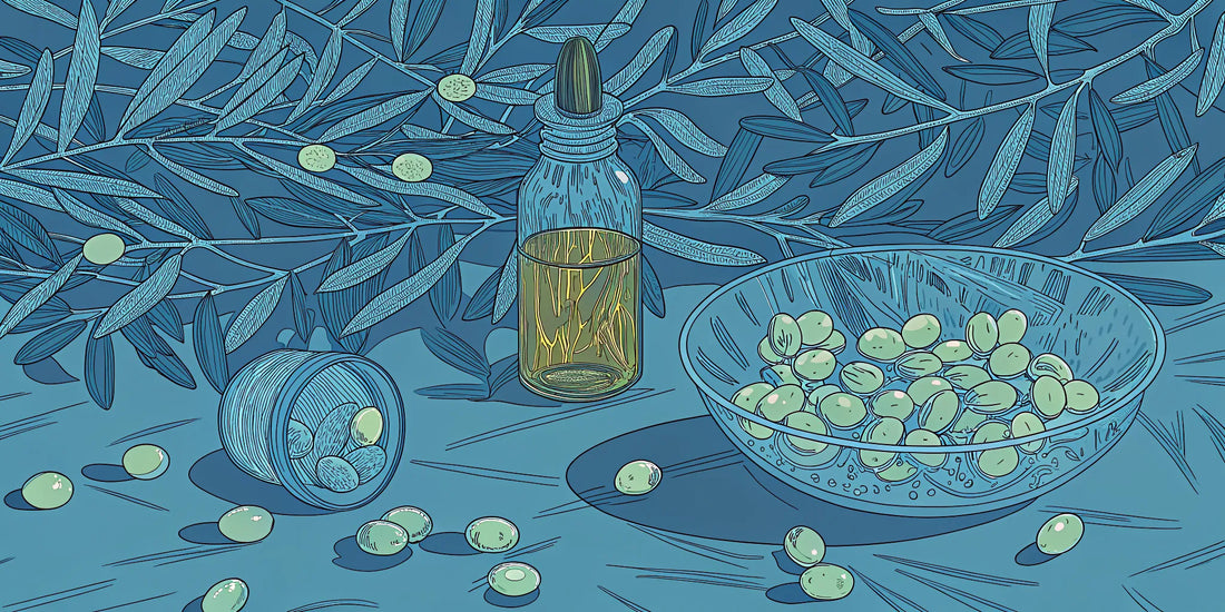 Polyphenol-rich olive oil with fresh olives, a key source for wellness benefits.