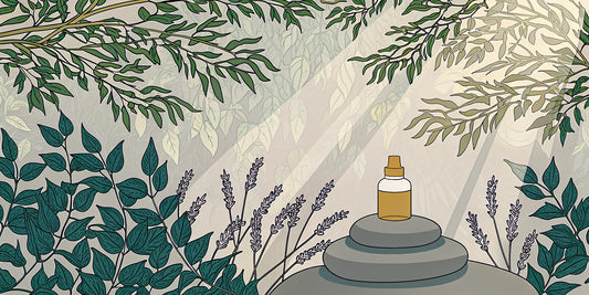 A bottle of botanical recovery oil on stacked stones in a natural, sunlit setting.