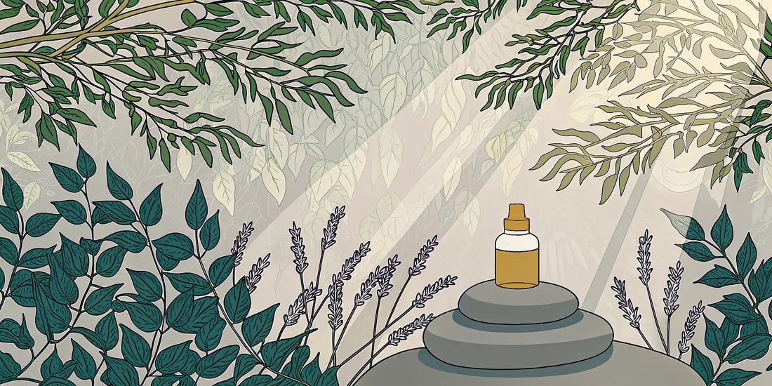 A bottle of botanical recovery oil on stacked stones in a natural, sunlit setting.