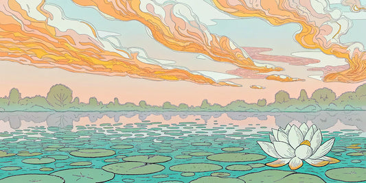 Water lilies on a serene lake at sunset, representing the calm from relaxation oil.