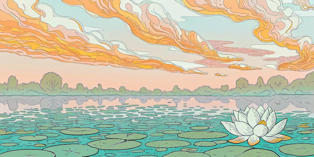 Water lilies on a serene lake at sunset, representing the calm from relaxation oil.