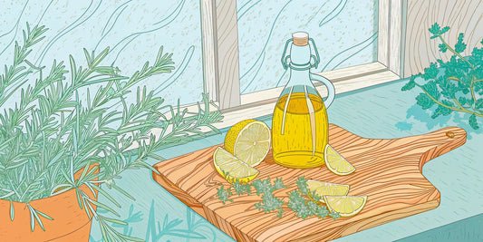 The benefits of using THC infused olive oil in a bottle with fresh lemon and herbs.