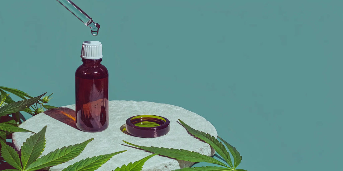 THC oil bottle with dropper and cannabis leaves for wellness benefits.