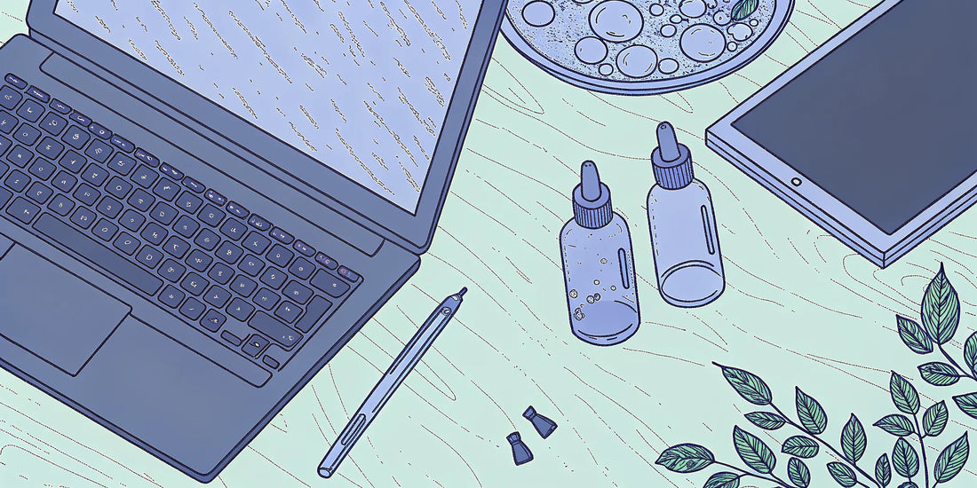 Bottles of THC oil on a desk next to a laptop displaying product reviews.