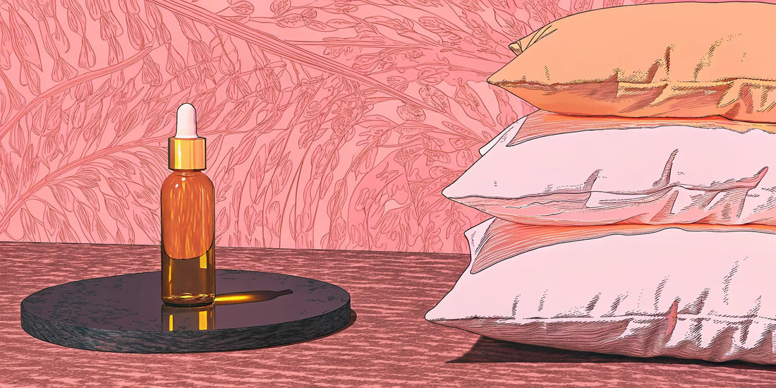 A bottle of THC oil for sleep on a nightstand next to a stack of pillows.