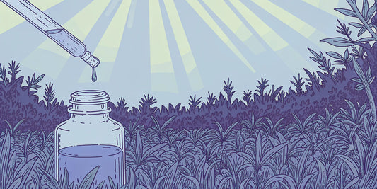 A dropper dispensing THC tincture into a bottle with cannabis plants in the background.