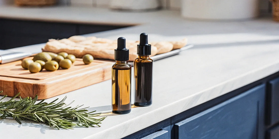 A bottle of the best delta 9 olive oil for baking with fresh olives and rosemary on a kitchen counter.