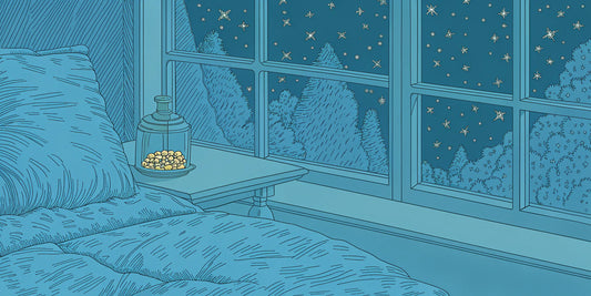 CBN gummies for sleep on a bedside table next to a cozy bed.