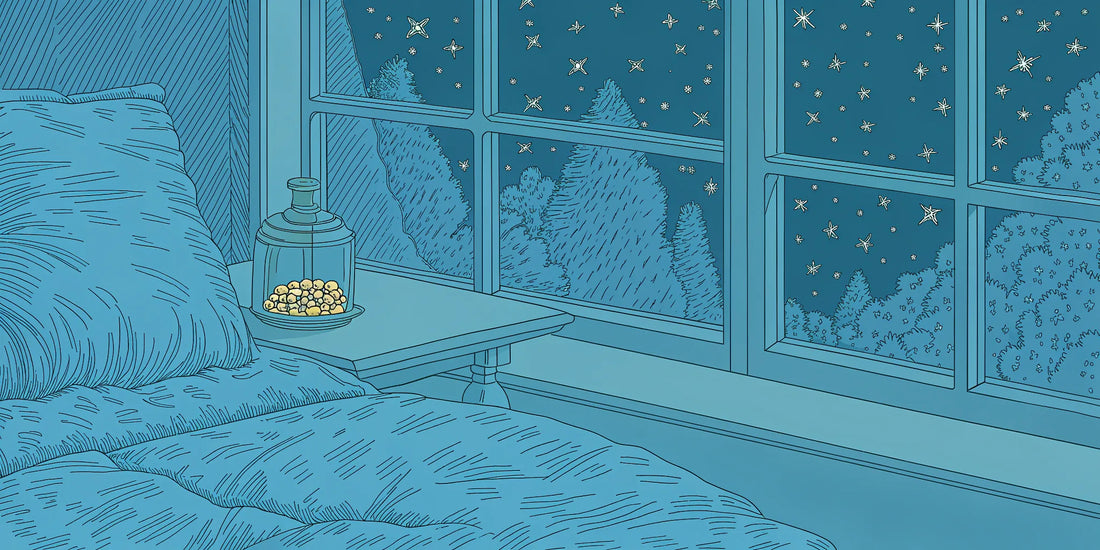 CBN gummies for sleep on a bedside table next to a cozy bed.