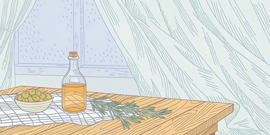Bottle of delta 9 infused olive oil to buy, with fresh olives and herbs on a table.
