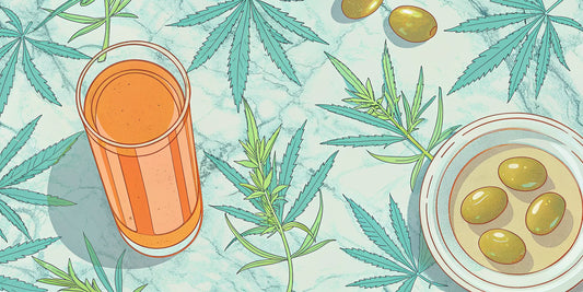 A bottle of cannabis olive oil with cannabis leaves and olives, ready for cooking recipes.
