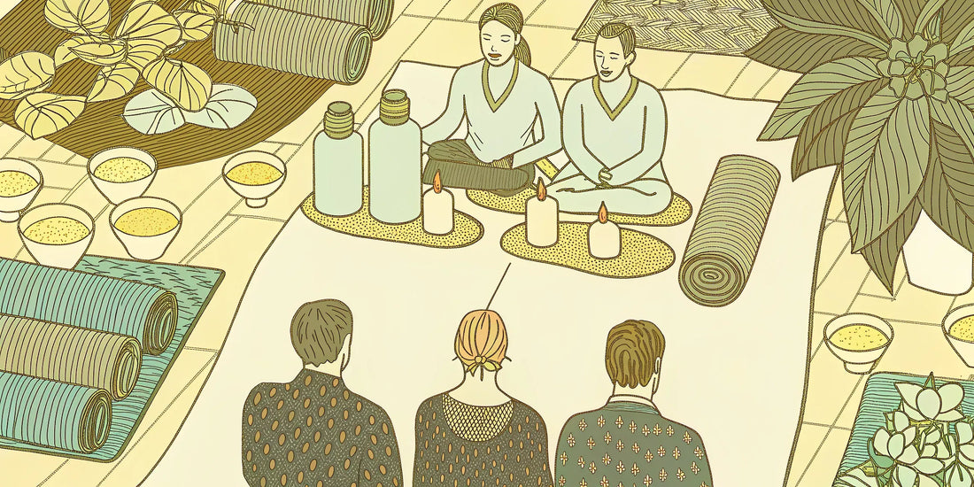 A community wellness raduno with people gathered on mats with tea and candles.