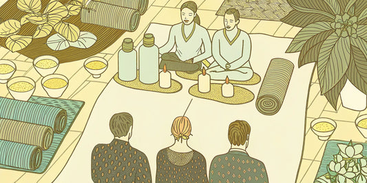 A community wellness raduno with people gathered on mats with tea and candles.
