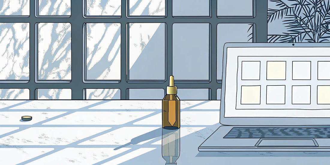 A CBD tincture bottle and laptop for researching how to buy quality CBD online.