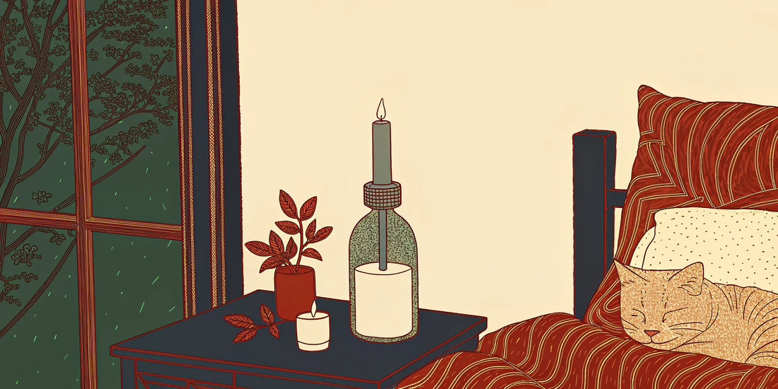 A CBN tincture for sleep on a nightstand in a cozy bedroom.