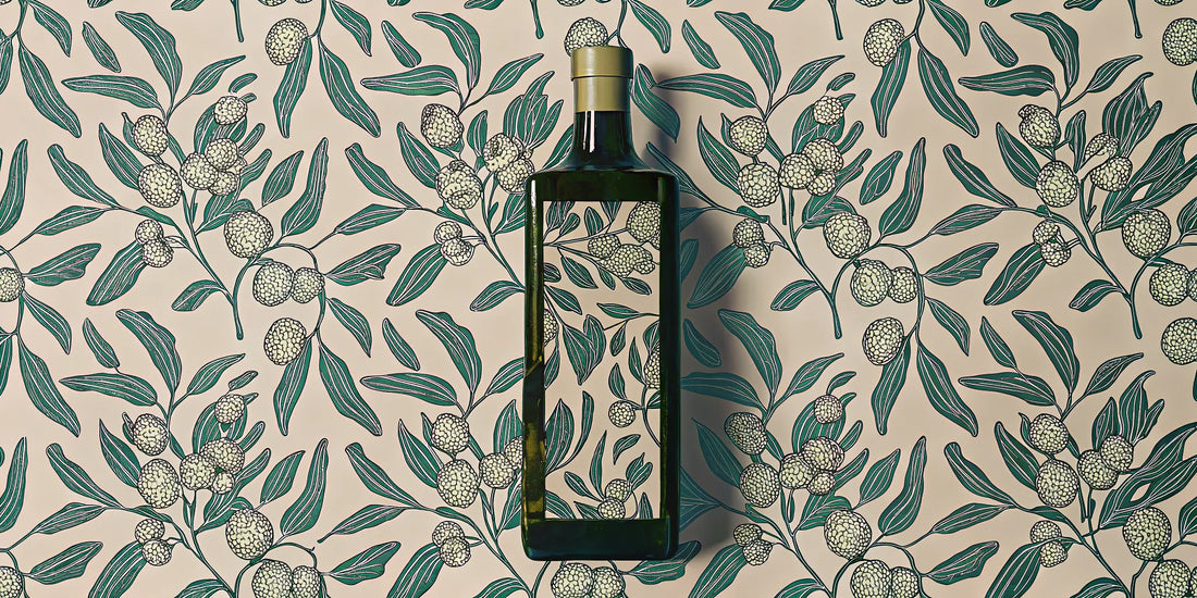A bottle of early harvest extra virgin olive oil among fresh olive leaves.