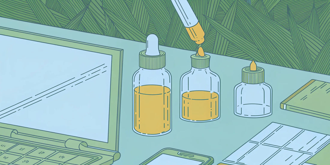 CBG oil bottles on a desk with a laptop, for finding where to buy CBG oil.