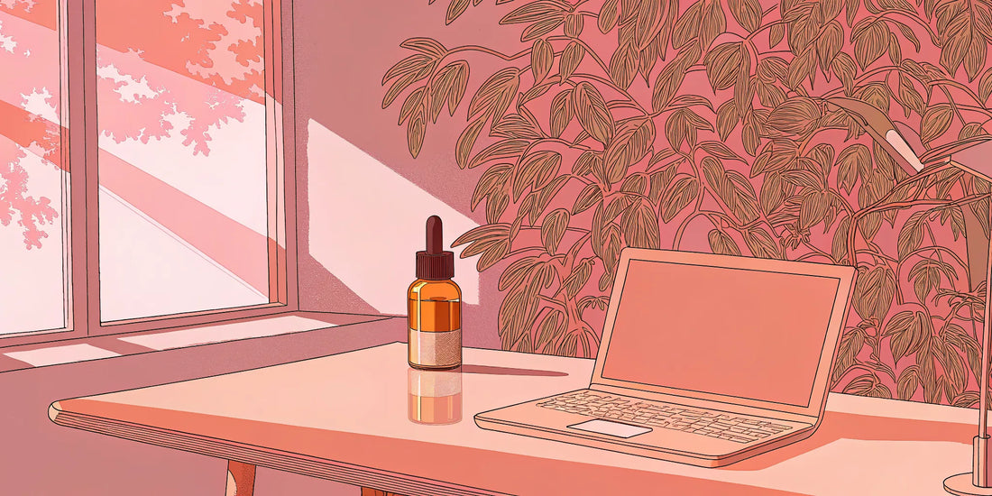 A laptop on a desk for buying CBN oil online, with a bottle of the oil nearby.
