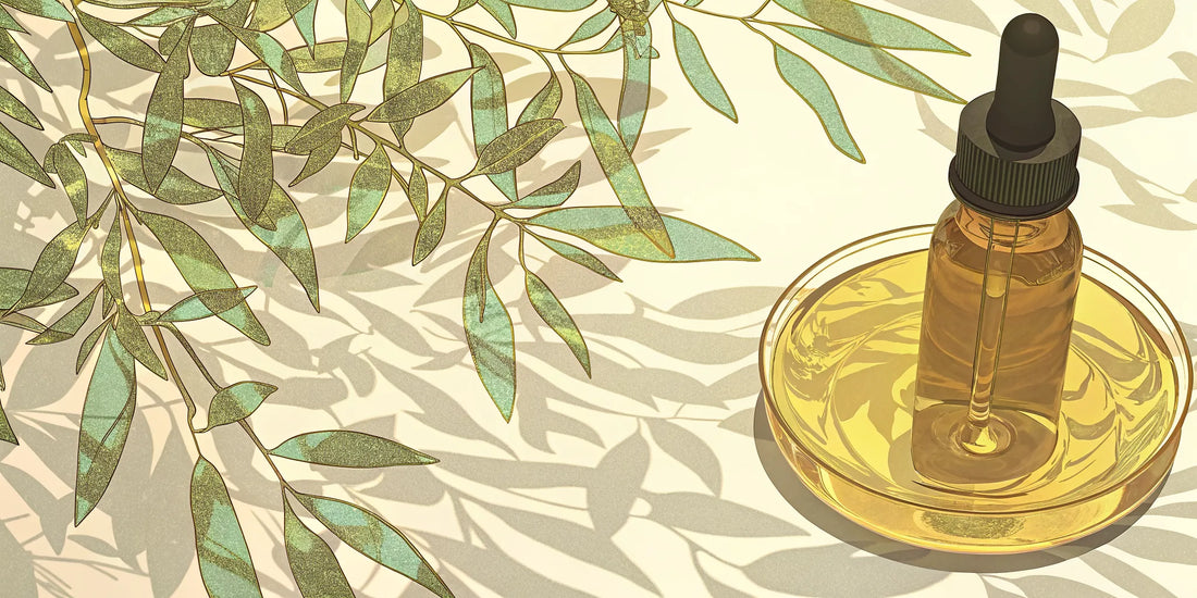 Dropper bottle of golden calming oil with olive leaves for relaxation and stress relief.