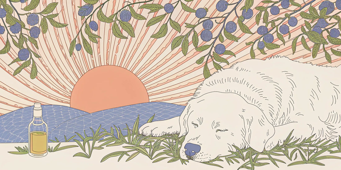 A calm dog rests peacefully near a bottle of CBD olive oil and olive branches.