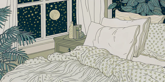 A tranquil bedroom at night, setting the mood for restful sleep with CBN oil.