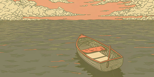 A boat on calm water at sunset, finding peace with the best THC oil for relaxation.