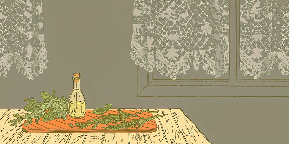 A bottle of the best THC olive oil for cooking, surrounded by fresh herbs.