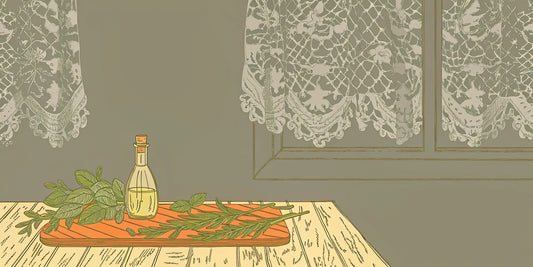 A bottle of the best THC olive oil for cooking, surrounded by fresh herbs.