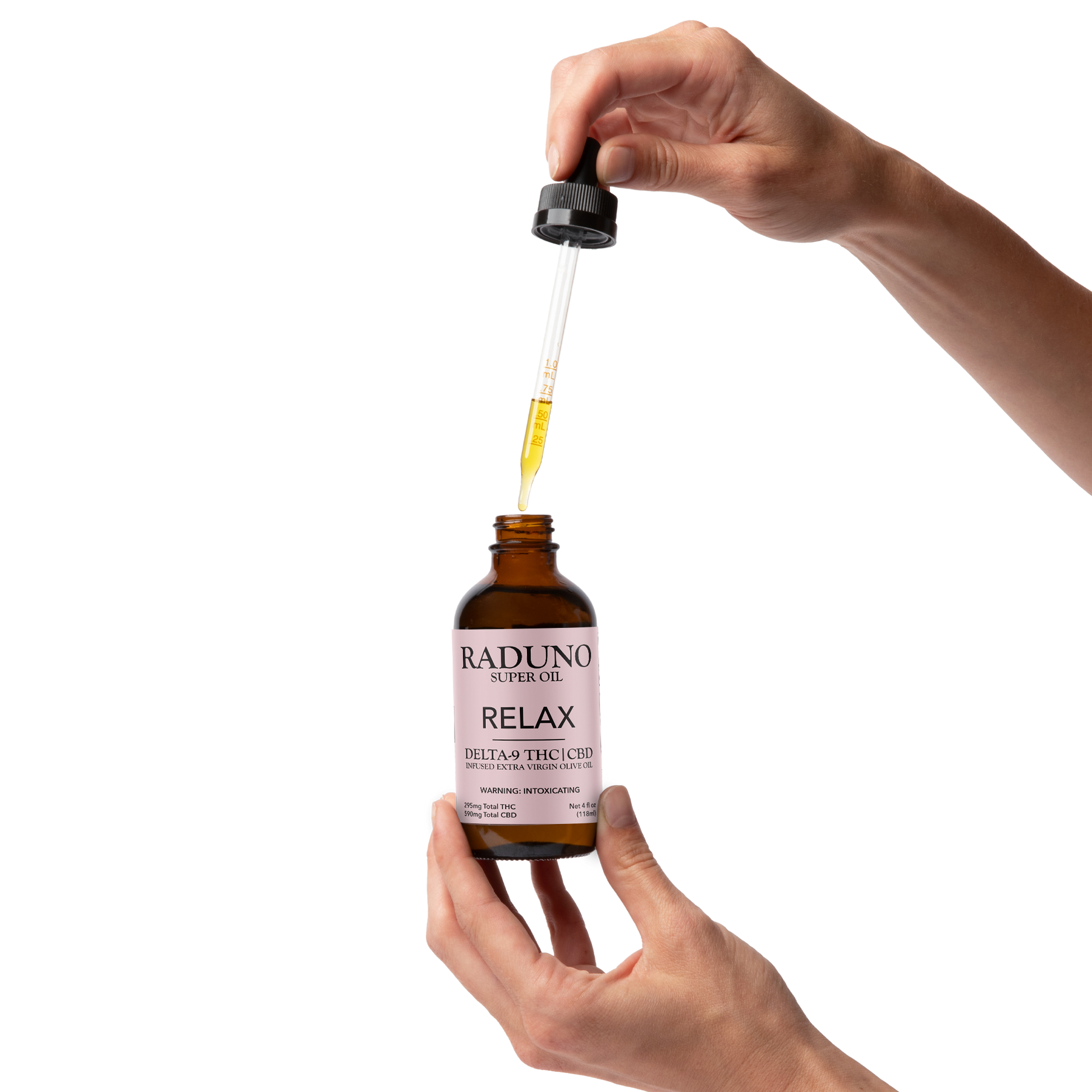 Bottle of Raduno Super Oil with a dropper held by a hand on a white background