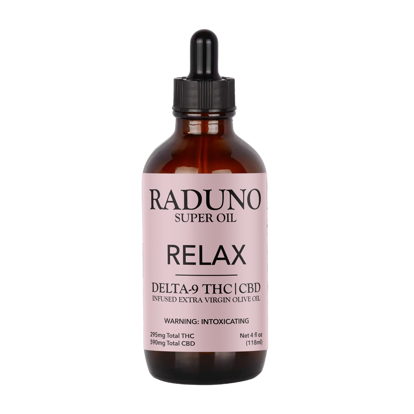Bottle of Raduno Super Oil with pink label on a white background