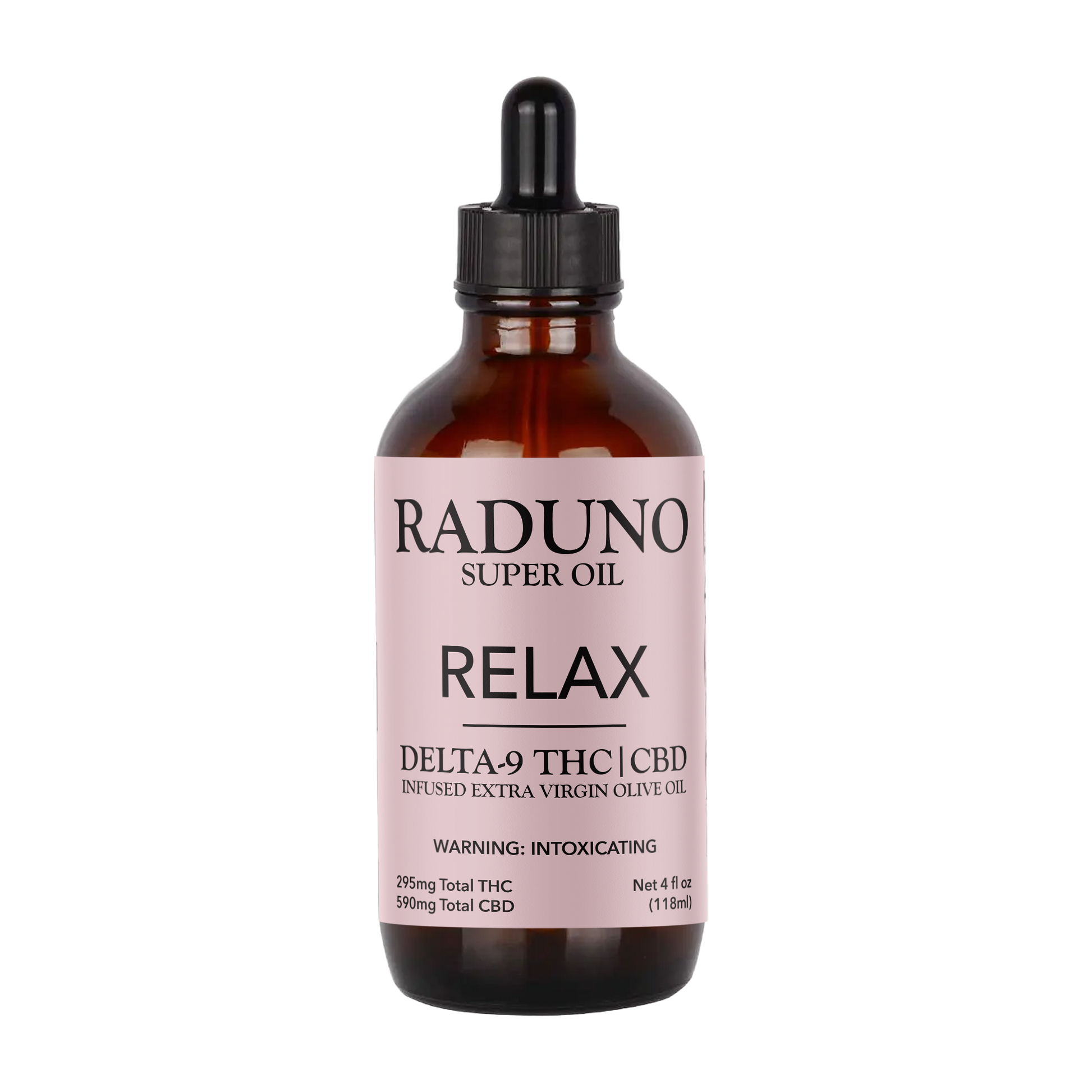 Bottle of Raduno Super Oil with pink label on a white background