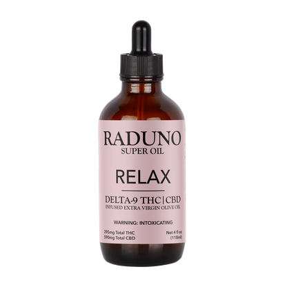 Bottle of Raduno Super Oil with pink label on a white background